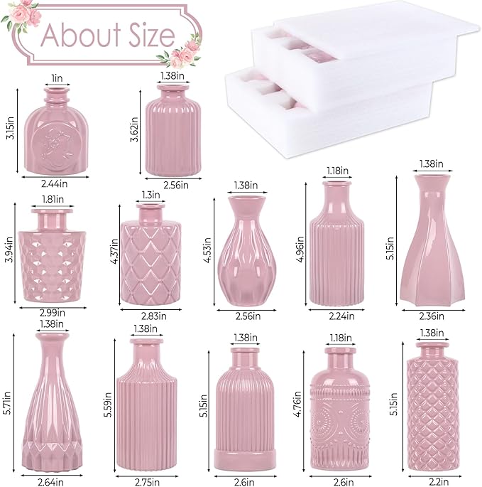 Valentine's Day Blush Pink Glass Bud Vase Set of 12 – Mini Vintage Vases for Flowers, Centerpieces, Wedding & Home Décor