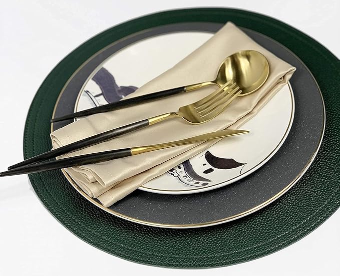 Set of 8 Faux Leather Round Placemats and Coasters, Disko Table Mats and Drink Spills Coasters, Easy to Clean, Double Stitched for Kitchen Dining Table, Diameter 13'' and 3.9''