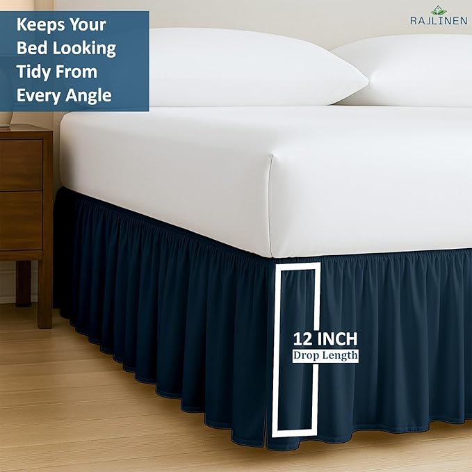 Rajlinen Ruffled Bed Skirt Twin, 12 Inch Drop Dust Ruffle with Split Corners, 100% Microfiber Bedskirt with Platform, Three-Sided Coverage Ruffled Gathering Design, Navy Blue