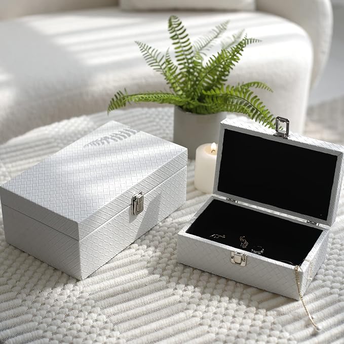 Faux Leather Decorative Jewelry Storage Organizer Boxes Set of 2, White