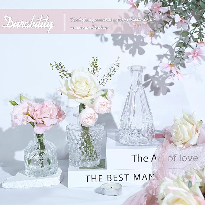 Glass Bud Vase Set of 5, Small Clear Flower Vases for Centerpieces in Bulk, Mini Vintage Vase for Wedding Decor, and Home Table Décor