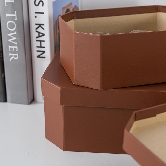Soul & Lane Octagon Vegan Leather Decorative Boxes in Light Brown, Set of 3 Unique Durable Nesting Cardboard Storage Memory Boxes for Organizing, Keepsakes, Gifts