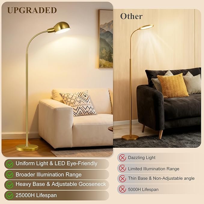 LANICHO Floor Lamp for Living Room, 63" Standing Lamp with Adjustable Gooseneck, 3 Color Temperatures, Industrial Gold Floor Lamp Reading for Bedroom, Office, 9W LED Bulb