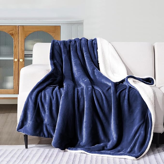 MOONLIGHT20015 Sherpa Fleece Twin Blanket - (Navy, 60X80 Inches) Warm and Fluffy Blankets for Winter - Reversible Thick and Cozy Twin Size Blankets for Bed, Camping and Travel