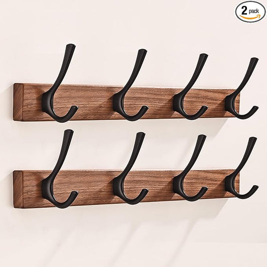 2 Pack 17.3" Small Walnut Wood Coat Rack Wall Mount with 4 Hooks, Heavy Duty Wooden Jacket Hanger Door Mounted for Decorative Entryway and Bathroom Hanging Towel Backpack Purse Clothes Hat Key