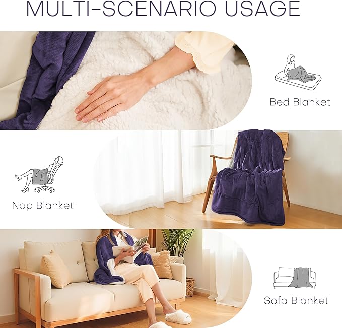 Electric Heated Blanket Throw Size 50"x60" - Flannel & Sherpa Fabric Dual-Sided, 6 Heat Settings & 1-3 Hours Auto Off, Soft & Cozy Warming Throw for Home, Office, or Bed, Machine Washable, Purple