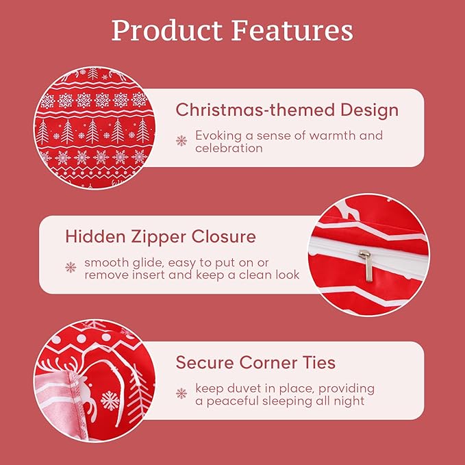 JSD Red Christmas Duvet Cover Set Queen Size, 3 Piece Snowflakes Reindeer Snowflakes Printed Microfiber Comforter Cover with Pillow Sham