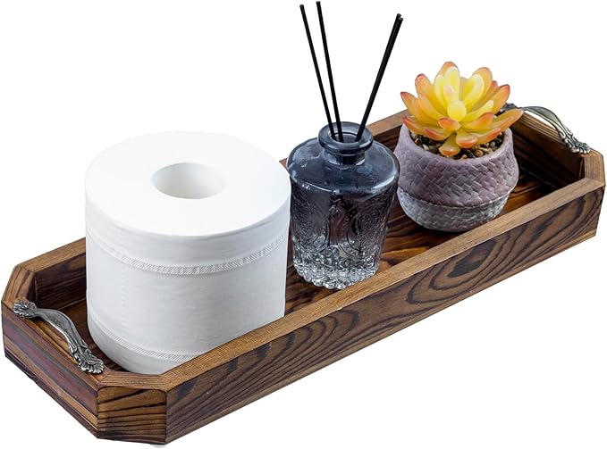 MyGift Wooden Vanity Tray, Rustic Burnt Solid Wood Toilet Tank Tray - Decorative Octagonal Cosmetic Organizer with Antique Metal Handles