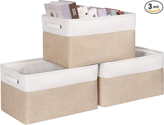 Kntiwiwo Foldable Storage Bin Collapsible Fabric Storage Basket Cube with Durable Handles Closet Organizer Bins for Organizing Shelves Drawers, Set of 3, 17" x 11.8" x 9.8", Beige