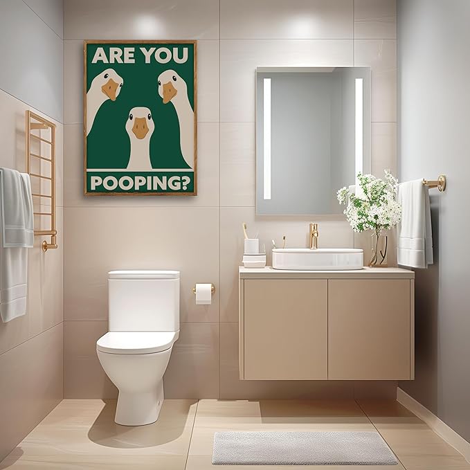 RVETNGVM Funny Three Geese Wall Art Are You Pooping Vintage Bathroom Decor Poster Animals Goosey Humorous Bathroom Aesthetic Prints Painting For Fun Restroom Wall Decor Framed 12"x16"