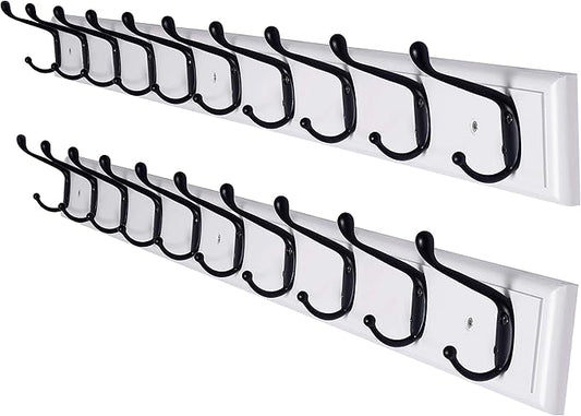 Dseap Coat Rack Wall Mounted: 10-Hooks, 16" Hole to Hole, 38-1/4" Long, Wood Coat Hooks Wall Mounted, Hook Rack, Hook Rail, Hooks for Hanging Coats, White & Black, 2 Packs