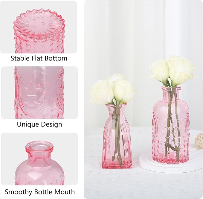 RUCKAE 12 Pack Glass Bud Vases Mini Flower Vase Small Vintage Vases for Centerpiece Table Wedding Decorations Home Decor Party (Pink)