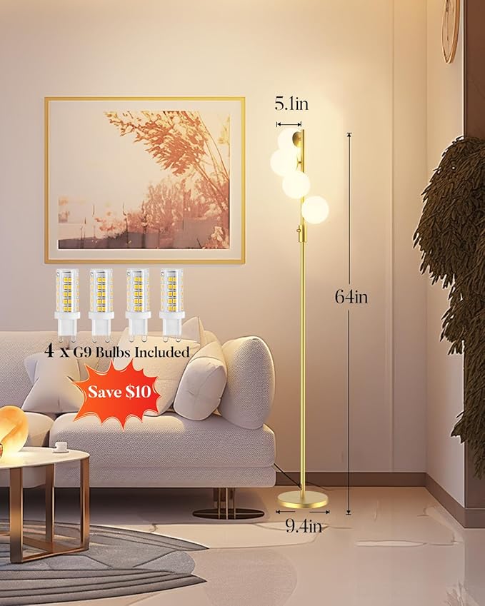 Lightdot 64IN Dimmable (Brightness Adjustable) Globe Floor Lamp, Modern Gold Standing Lamps with 4PCS 3000K G9 Bulbs Soft Warm White Eye Care, Mid Century Floor Lamp for Living Room Bedroom