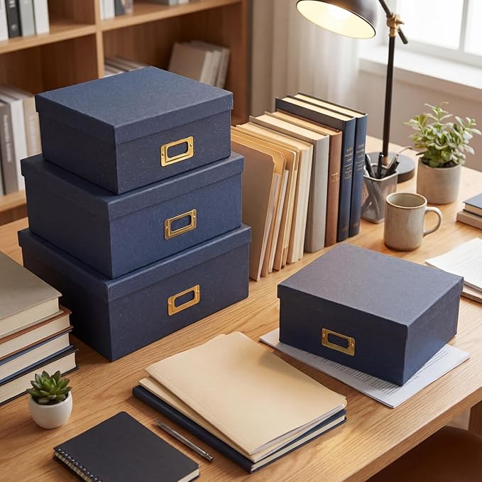 Eaasty Set of 4 Decorative Storage Boxes with Lids, Kraft Paper Boxes with Gold Label Holders, Decorative Photo Memory Keepsakes Storage, Cardboard Organizers for Home Decor, Office Organizing(Blue)