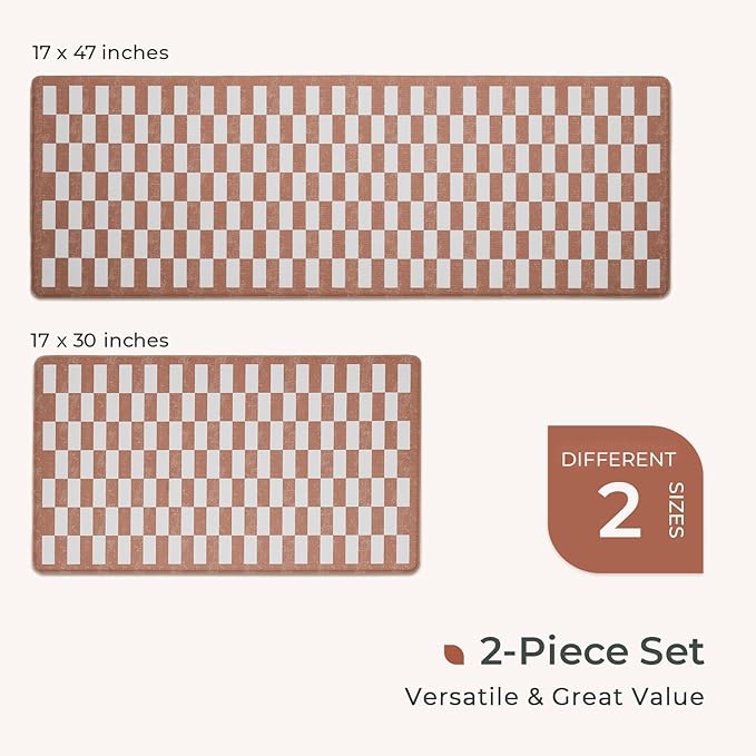 FRESHMINT Vintage Checkerboard Anti-Fatigue Mat Set of 2, Cushioned Foam Comfort Mats for Floor, Waterproof Non Slip Kitchen Rug, Modern Decor, Sink, Terracotta