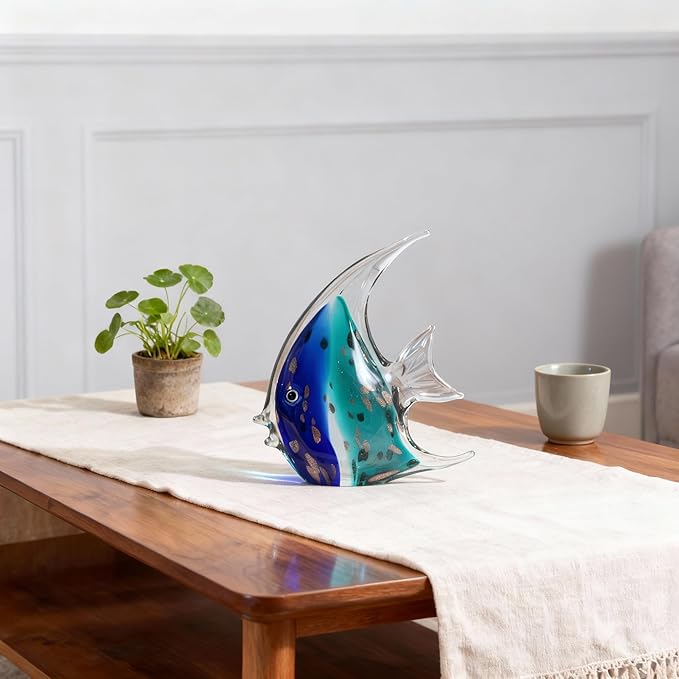 DOVDOV Hand-Blown Glass Fish Decorative Statues, Blue sea Glass Art Decor, Coastal-Themed Decor Suitable for Rooms, Offices, Coffee Tables, and TV Stands, Featuring Marine Animal Sculptures.