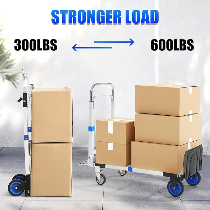 3 in 1 Aluminum Folding Hand Truck Dolly Cart with Wheels 600 Lbs Capacity Collapsible Heavy Duty Convertible Trolley with Retractable Handle for Moving Home Warehouse Office Camping (Blue)