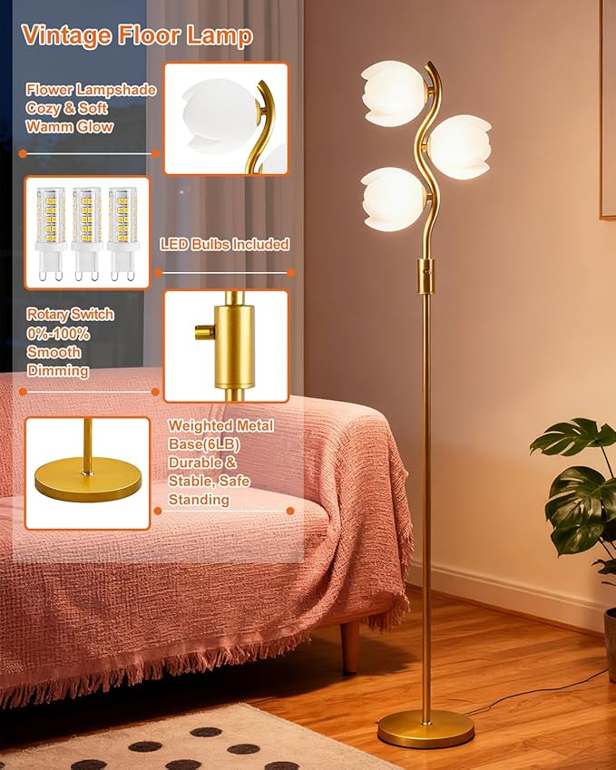 Lightdot 62IN Gold Floor Lamp Stepless Dimmable Bud-Shaped Floor Lamps with 3Pcs 3000K G9 Bulbs Eye-Friendly Mid Century Standing Lamps with Stable Base for Living Room/Bedroom/Corner/Office