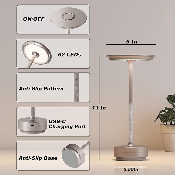 1 Pack Rechargeable Table Lamps Cordless, Portable 5000mAh Outdoor Table Light, 3 Color Stepless Dimming LED Table Lamp with Memory Function, for Home/Dinner/Patio/Restaurant.(Champagne Gold)