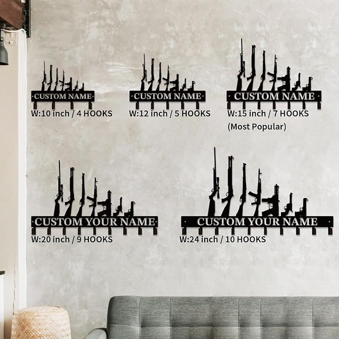 Personalized Custom Name Gun Wall Hooks,Metal Gun Room Art Clothes Hooks,Metal Gun Wall Home Storage Decorative,For Front Door, Hallway, Kitchen, Bedroom,Keys,Hats (Style G)