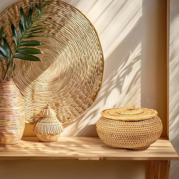 Handwoven Rattan Storage Basket with Lid – Picnic Bread Fruit Snack Multi-Purpose Organizer Bin for Kitchen, Pantry, Living Room, Home Décor