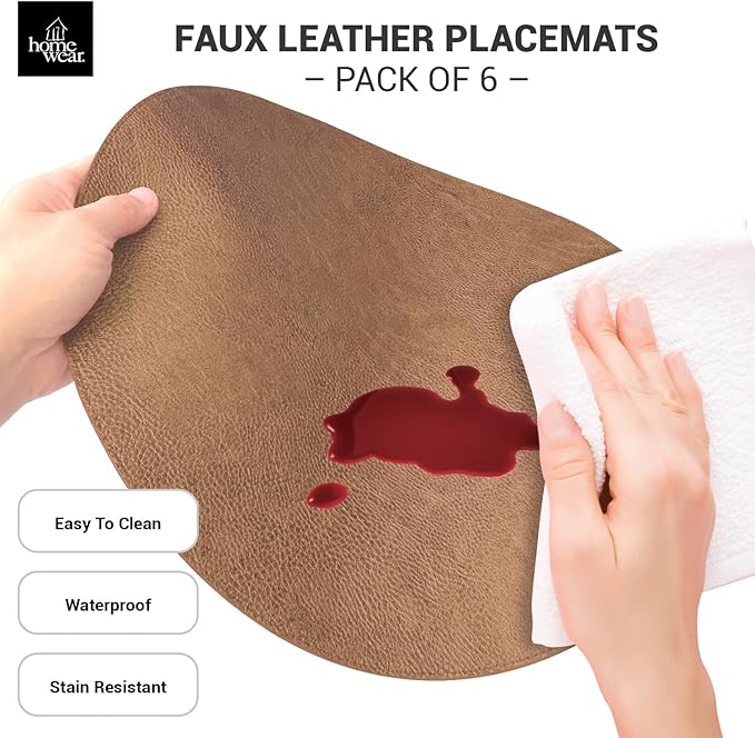 Morgan Faux Leather Round Set of 12 Placemats, 15", Camel, Heat Resistant, Stain Resistant, Non-Slip, Reversible, Durable Table Mats for Kitchen, Dining Table, Indoor Washable Use