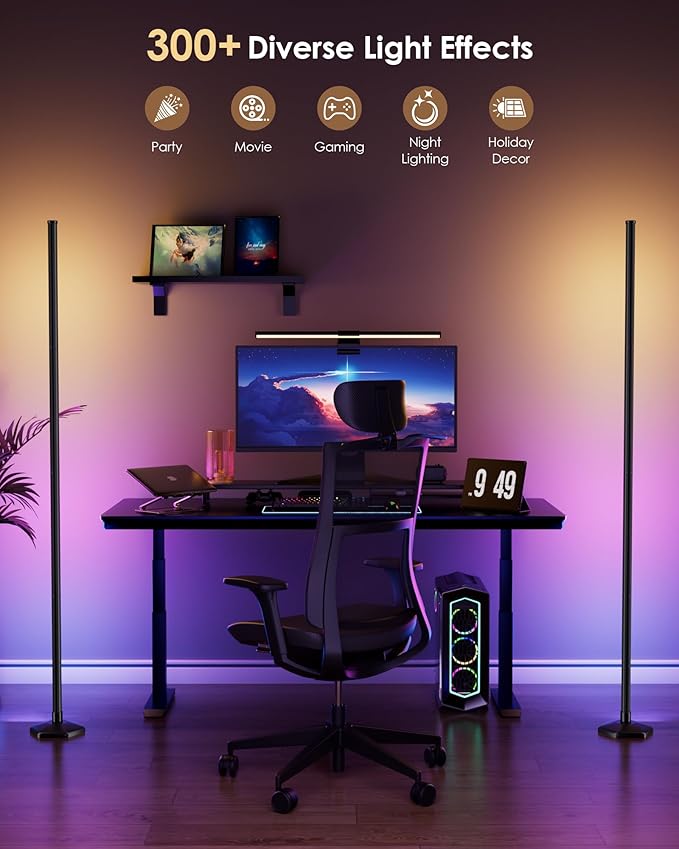 2PCS Corner Floor Lamp, 65" RGB Color Changing Mood Light with Remote Control, Dimmable LED Corner Lamp with Music Sync, Modern Floor Lamp for Living Room Gaming Room