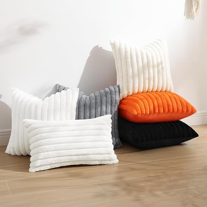 decorUhome Faux Fur Spring Throw Pillow Covers 22x22 Set of 2, Decorative Soft Plush Striped Neutral Couch Euro Sham Pillow Covers with Velvet Back for Sofa, Bed, Living Room Home, White