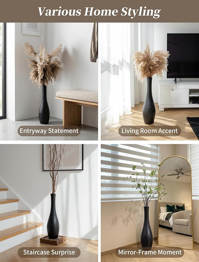 Hanobe Black Tall Floor Vase: 22 Inch Wooden Modern Decorative Vases for Living Room Bedroom Hallway Minimalist Large Standing Vase for Corner Fireplace Nook Decor