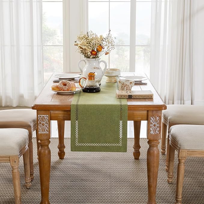 Burlap Style Farmhouse Table Runner, 13 x 48 Inch Sage Green, Rustic Geometric Hollow Table Runners 48 Inches Long for Dresser Table Everyday Use, 13x48 Inches, Sage Green