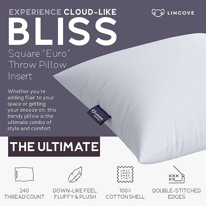 Lincove Euro Throw Pillow Insert Square 12"x12" Pillow – Made in Canada, 100% Cotton Shell, Down Alternative Filling, Vegan-Friendly, Hypoallergenic - Decorative Couch Pillows, 1 Pack