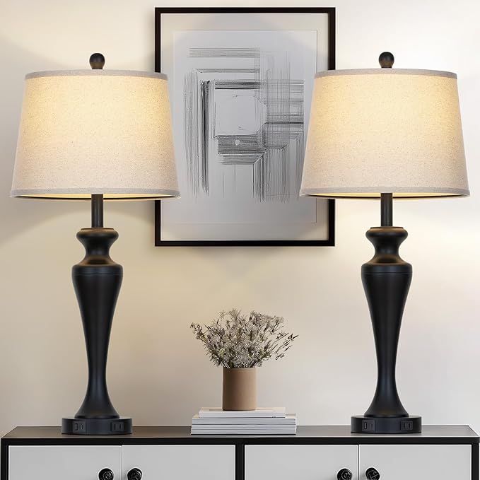 30" Table Lamps Set of 2, 3-Way Dimmable Touch Bedside Lamp with USB A+C Ports and AC Outlet, Tall Living Room Lamps for Side Table, Modern Bedroom Lamp for Nightstand, Black