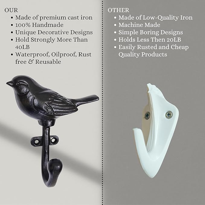 Set of 3 Cast Iron Bird Shape Coat Hooks Wall Art Decor-Bird Shape Hangers and Key Holder-Clothes Rack and Backpack Hanger-Coat Hooks Home Decor for Storage, Living Room, Hallway, Office