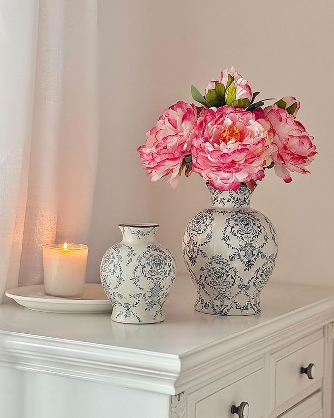 Vintage Chinoiserie Ceramic Vase, Classic Decorative Porcelain Flower Vase for Centerpiece Living Room Table Shelf, Retro Country Decor