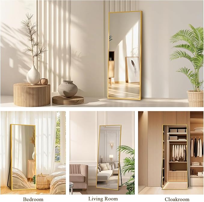 Full Length Mirror with Stand, Shatterproof Full Body Mirror, Aluminum Alloy Thin Frame, Freestanding/Leaning/Wall Mount for Bedroom