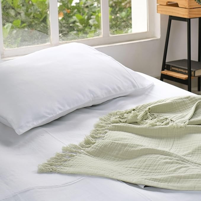 Salt Earth 100% Cotton Muslin Throw Blanket, 50"X60" 4 Layered Gauze Tassel Blanket Throw for Couch, Bed, Living Room, Home, Light Christmas Blankets and Throws for Christmas Gifts (Sea Foam)