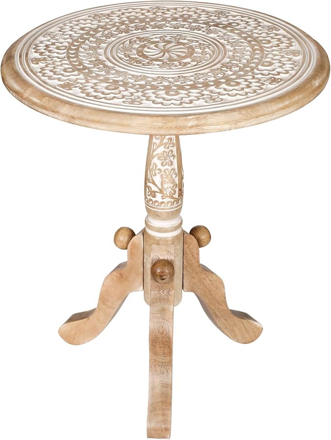 The Wooden Town Round End Table, 18x21 Inch, White Wash, Handcrafted Engraved Carved Side Table with Pedestal Base, Solid Mango Wood
