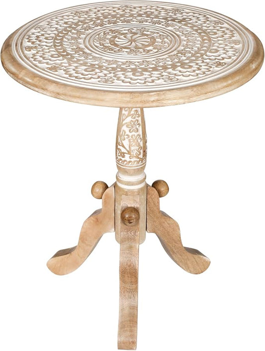 The Wooden Town Round End Table, 18x21 Inch, White Wash, Handcrafted Engraved Carved Side Table with Pedestal Base, Solid Mango Wood