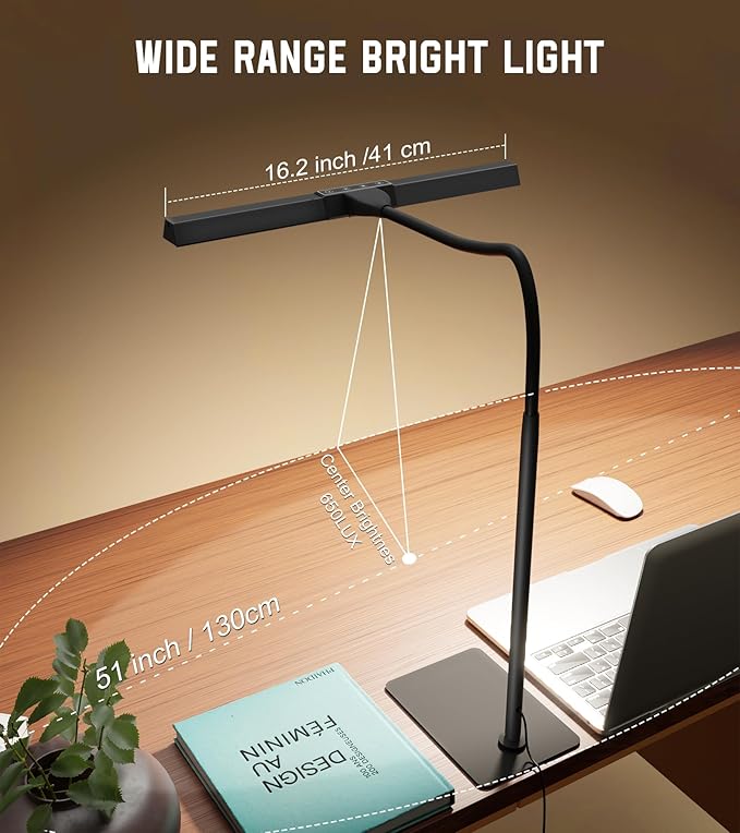 LED Desk Lamp for Home Office with Base, Eye-Caring Architect Task Light with Adjustable Gooseneck 12W USB Adapter Touch Control 5 Dimmable Brightness & Color Tall Lamp for Reading, Craft