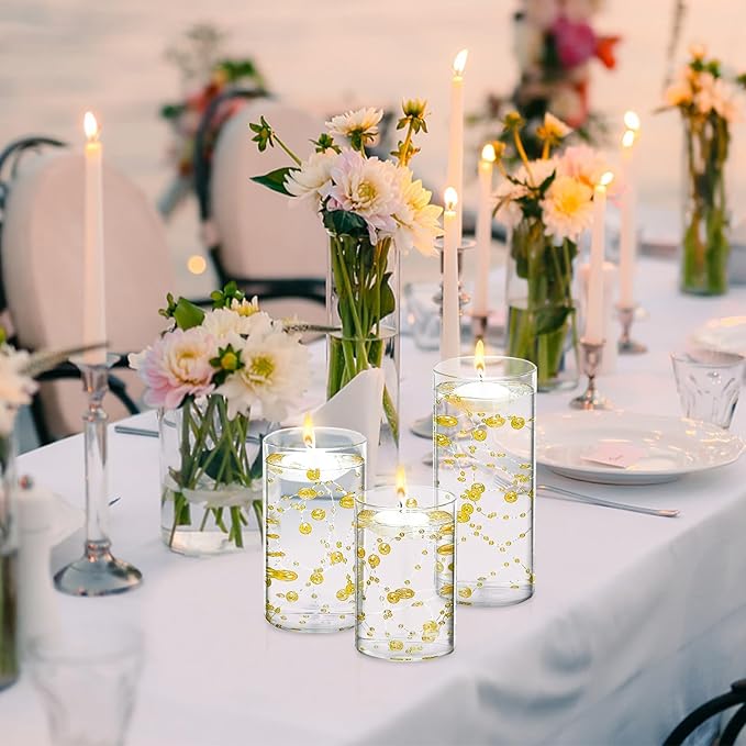 15 Set Glass Cylinder Vase with 20 Artificial Pearl String 30 White Floating Candle Cylinder Vase for Centerpieces 4"+ 6" + 8" Glass for Wedding Party Table Decor