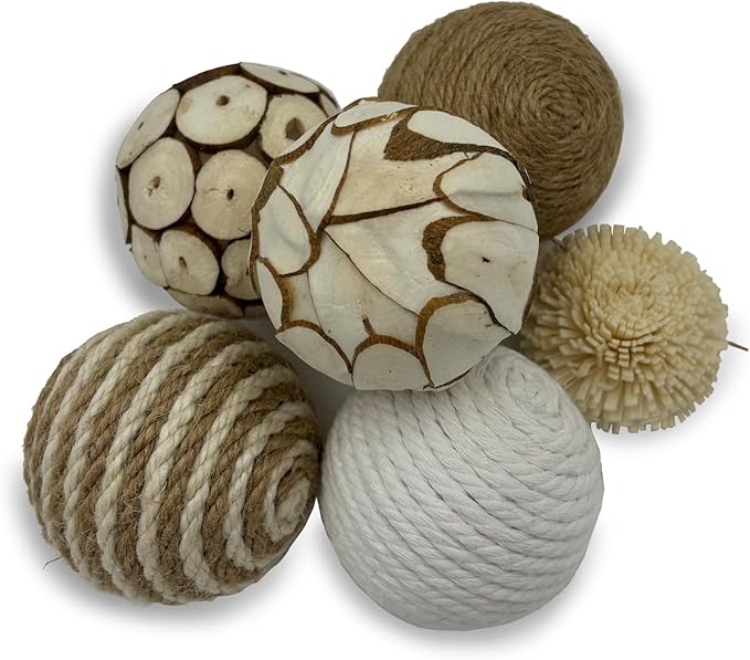 6 Pcs Decorative Balls for Centerpiece Bowls,2.36 Inch Natural Handmade Cotton Linen Orbs Balls,Wood Decorative Ball,Vase Fillers, Home Table Decor