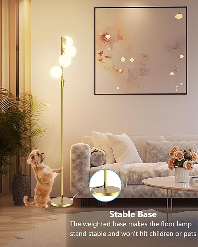 ACOHOOK Gold Globe Floor Lamp Dimmable 64IN Tall Standing Lamps with Soft Warm White Eye Care 3000K G9 Bulbs, Mid Century Modern Floor Lamp for Living Room Bedroom