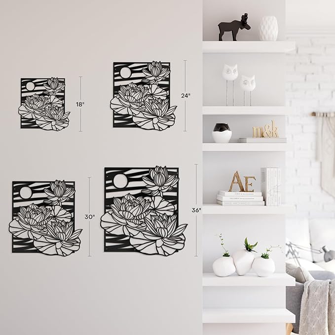 SIGNLEADER Metal Wall Art Decor Lotus, Moonlight Minimalist Modern Abstract Wall Sculpture Hangings Home Decoration for Living Room, Bedroom, Bathroom, Kitchen, Outdoor - 18" Black