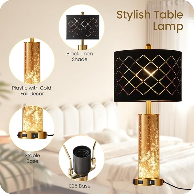 25.6" Black Table Lamps Set of 2, Tall Bedside Lamps with Nightlight, Modern Nightstand Lamp with USB Ports, Desk Lamp for Bedroom, Living Room, Office, LED Bulbs Included B01TL05