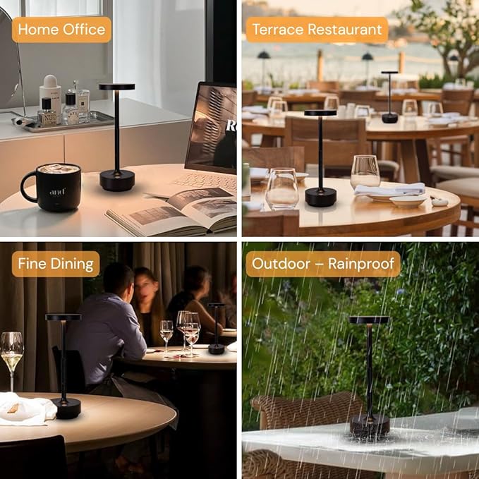 Cordless Table Lamp Rechargeable - Waterproof, Touch 3-Color Lighting Portable LED Table Light for Outdoor,Patio,Restaurant.(Black)
