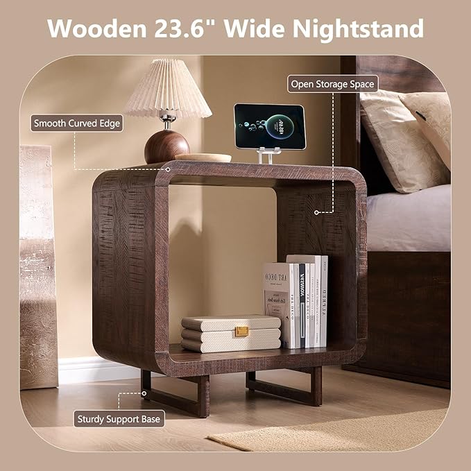 23.6" Modern End Table, 2 Tier Side Table with Charging Station, Simple Bedside Table with Open Storage Shelf, Outlet, Wooden Nightstand for Bedroom, Living Room, Study, Easy Assembly, Brown