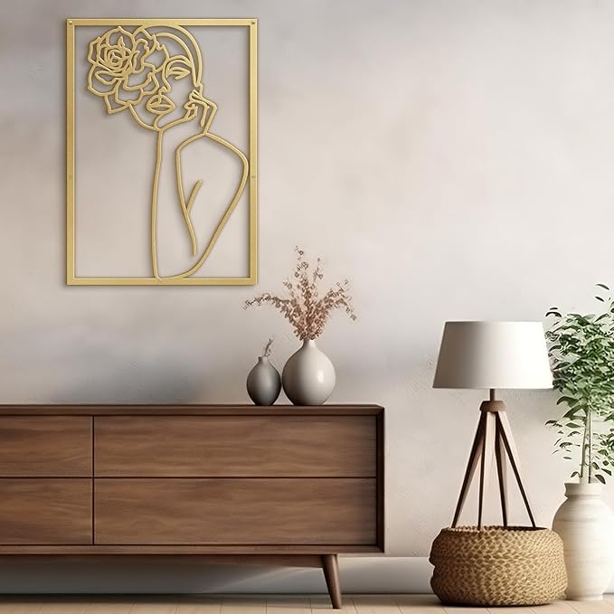 SIGNLEADER Metal Wall Art Decor Women and Flower Modern Abstract Wall Sculpture Hangings Home Decoration for Living Room, Bedroom, Bathroom, Kitchen, Outdoor - 18" Gold