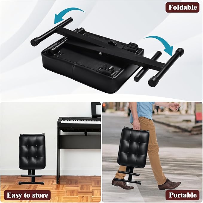 Adjustable Piano Bench Keyboard Bench - Foldable Keyboard Stool with Non-Slip Feet,3-Level Height Suitable for Adults&Kids,Classic Button Design,Premium PU Leather Cushion, Portable Piano Seat (Black)