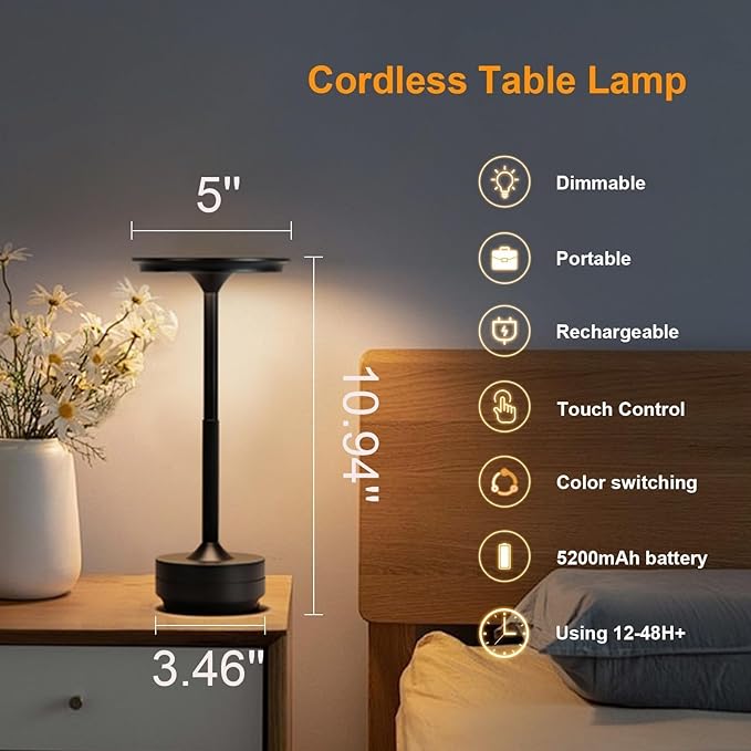 Cordless Table Lamp Rechargeable, 5200mAh Battery Operated Desk Lamps, 3-Color Stepless Dimming Table Lights, Portable Outdoor Table Lamps for Dining Office Bar Restaurant Hotel(Black)