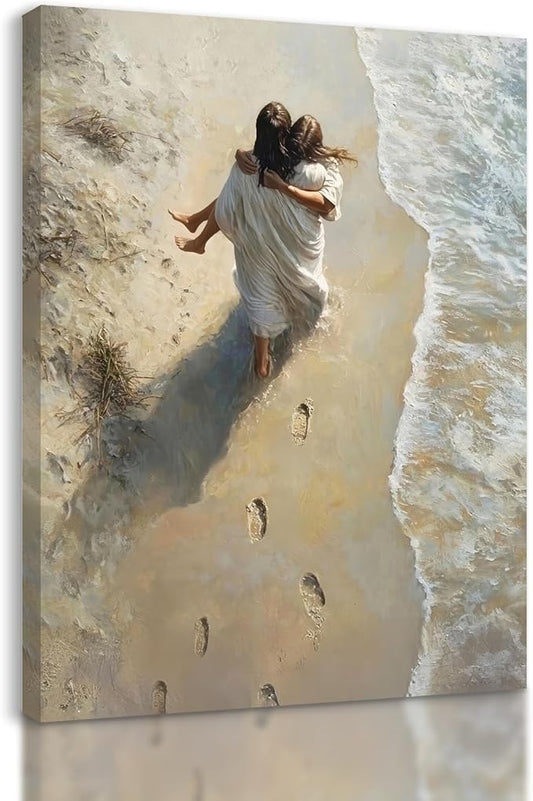Jesus Holding Woman Wall Art, Jesus Footprints in the Sand Canvas Prints Wall Decor Paintings Christian Wall Art Home Decor Pictures for Living Room Church Prayer Room 16x24 Inch Framed